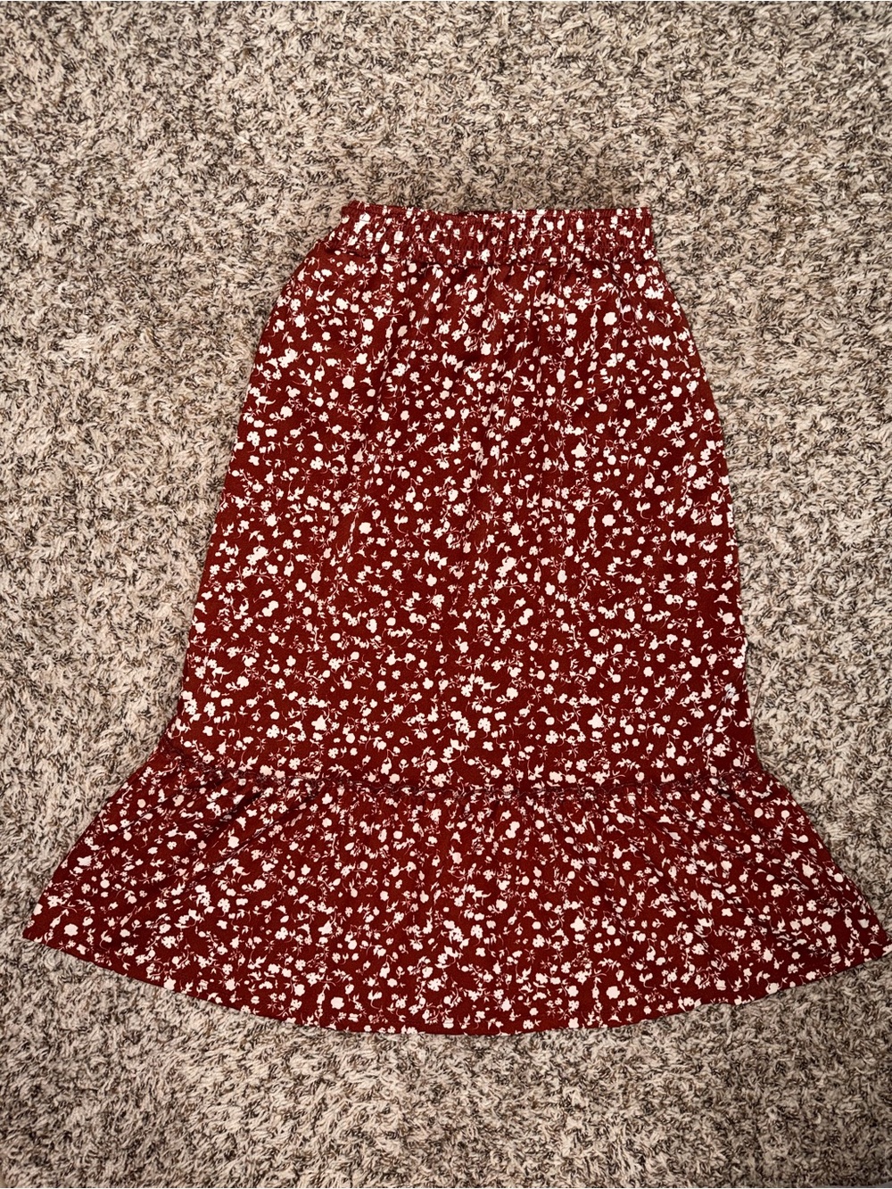 Red Floral Midi Skirt with Ruffle Hem
